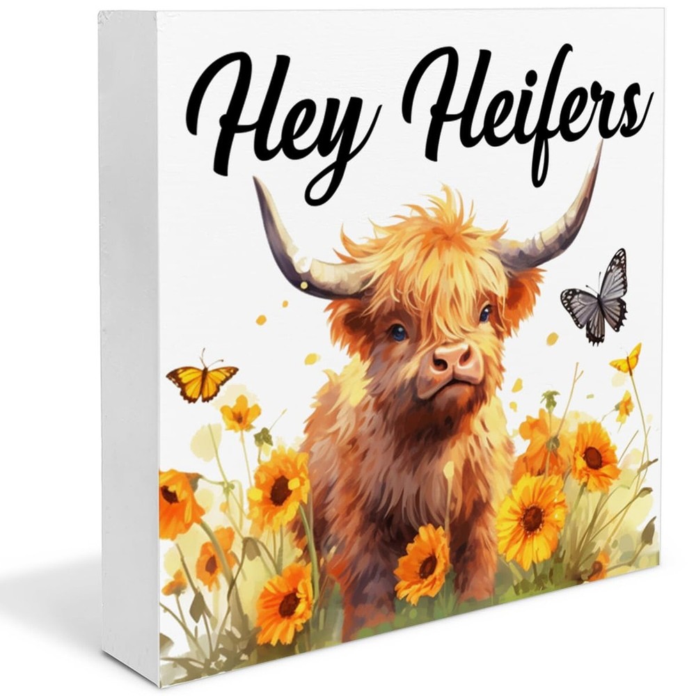 Fall Cow Sign Hey Heifers Wooden Block Decor Farmhouse Home Desk Tabletop