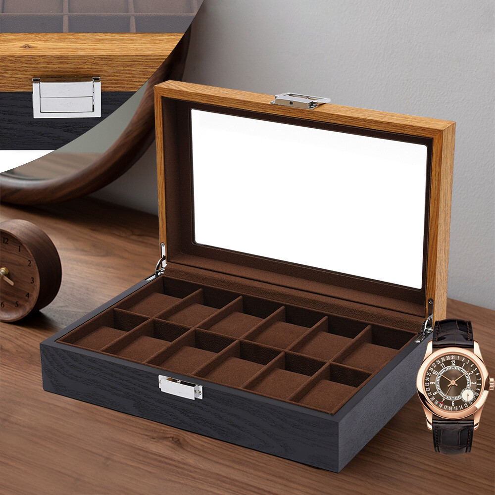 12-Slot Lockable Wooden Watch Display Case & Jewelry Organizer