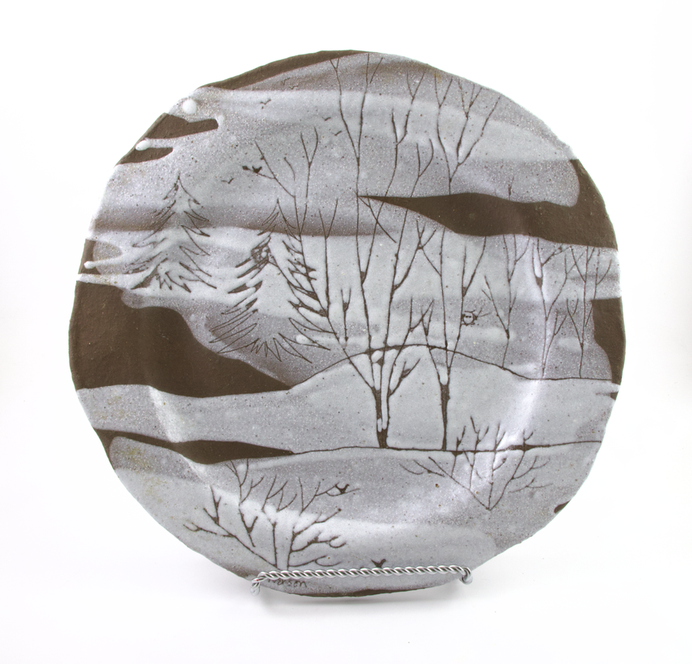 Audrey A. Nelson Pottery Platter Winter Snow Covered Forest Owl Scene NH Artist