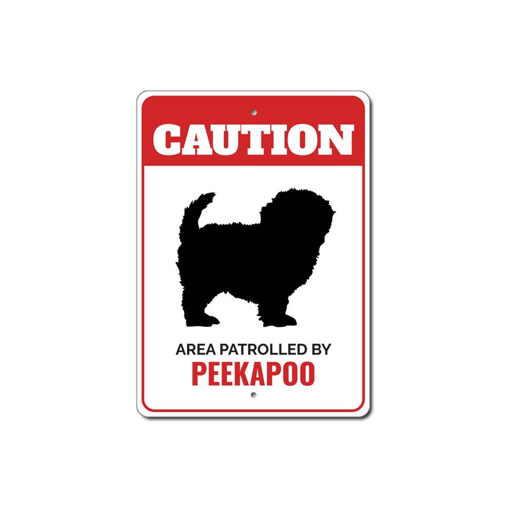 Patrolled By Peekapoo Caution Metal Sign Dog Kennel Pet Breed Canine K9 Paw