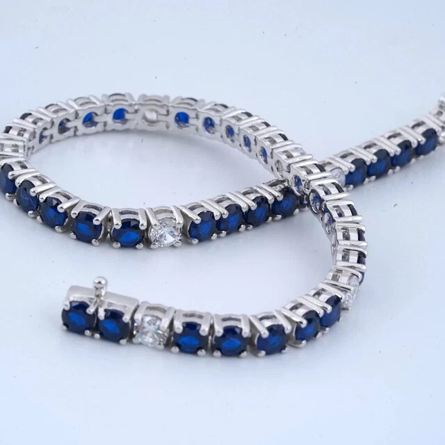 8CT Round Lab-Created Sapphire & Diamond Tennis Bracelet 14K Wh Gold Plated 7