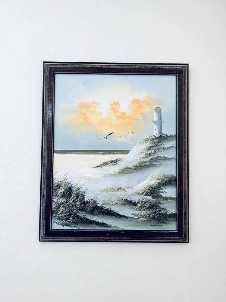Vintage Seascape Painting Oil on Canvas Winstin Framed Nautical Lighthouse