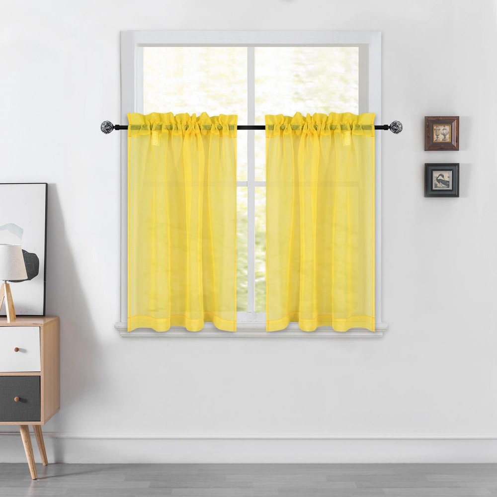 Yellow Linen Semi-Sheer Tier Curtains 34x36 Inch with Rod Pocket