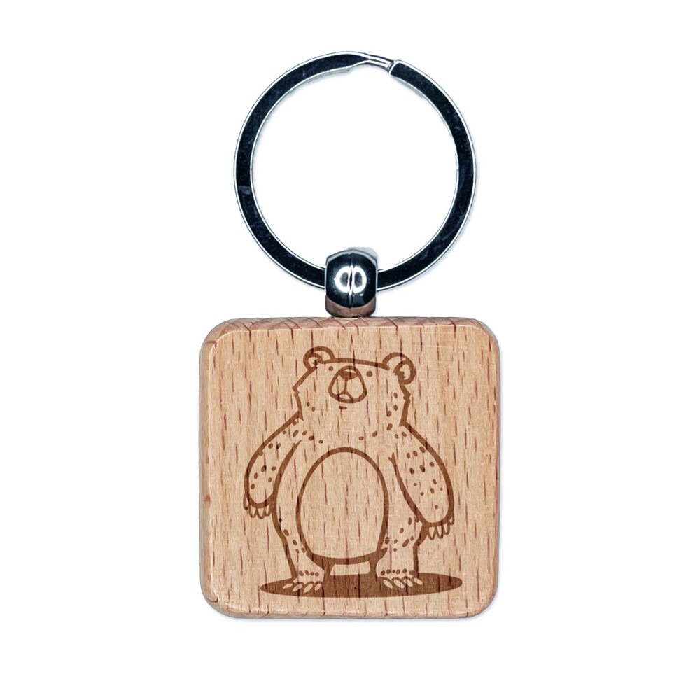 Chubby Standing Grizzly Bear Engraved Wooden Keychain Charm Tag