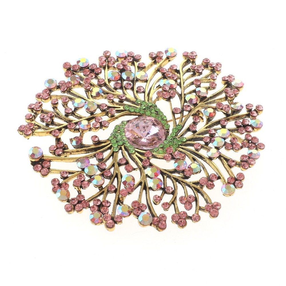 Antique Gold Tone Alloy Metal Extra Large Crystal Flower Brooch P1513-PNG