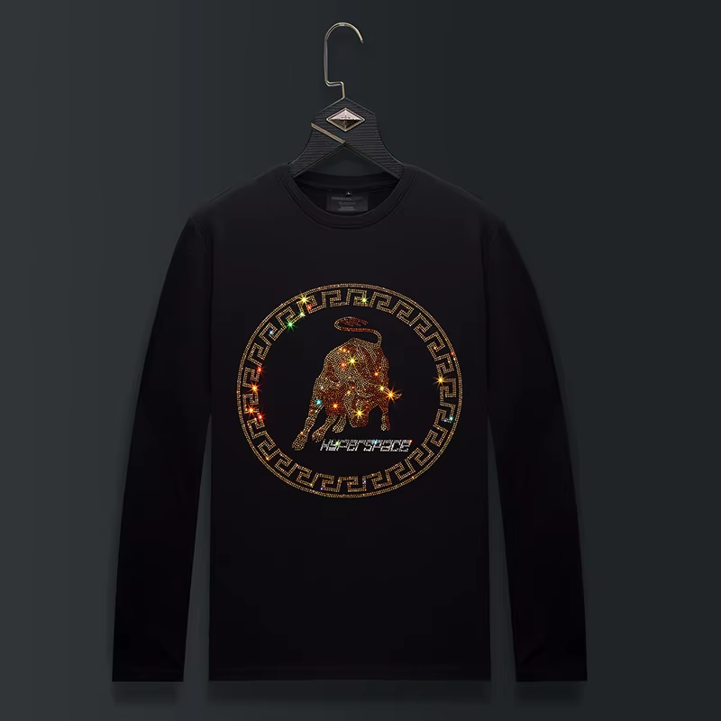 New Fashion Bull Trend Rhinestone Long Sleeve Luxury  Men T-Shirt Plus Size 6XL