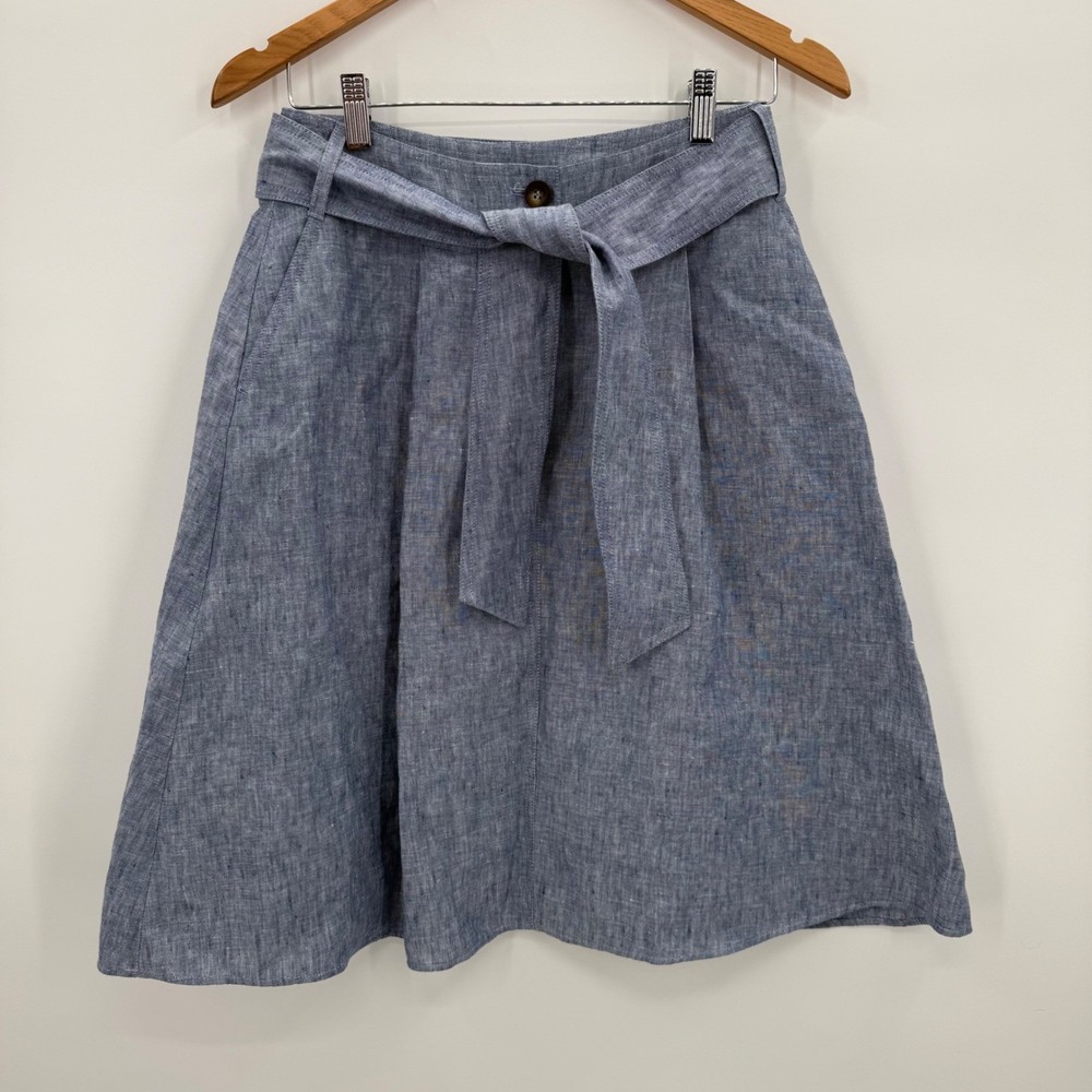 Boden Blue 100% Linen Skirt Belted Pockets US 4 UK 8