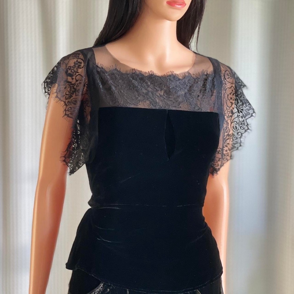 NWT Vintage Y2K Binetti Paris Black Velvet Lace Trim Silk Top Blouse Size 2