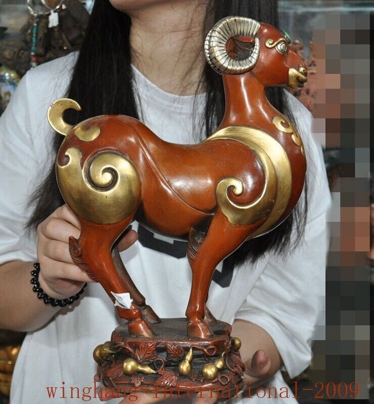 Chinese ancient bronze Gilt Fengshui wealth Zodiac Year animal sheep statue