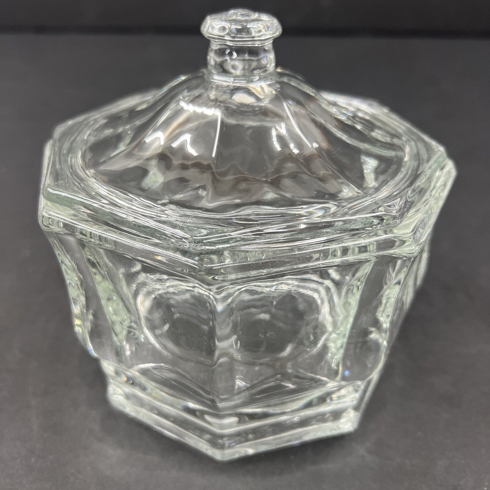 Vintage Indiana Glass 1465 Clear Octagon Candy Dish with Lid Concord Pattern