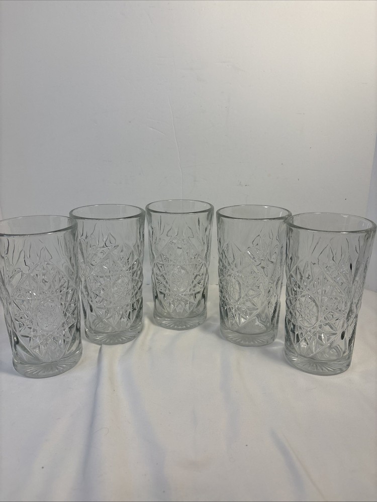 Set Of 5 Vintage Libby USA Hobstar 6” Tall 16 oz Highball Drinking Glasses