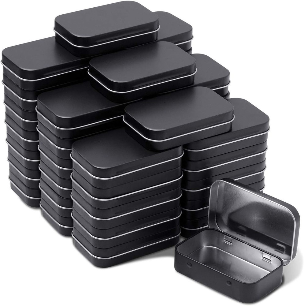 Metal Rectangular Hinged Tins - Pack of 40 Matte Black Mini Portable Box Contai