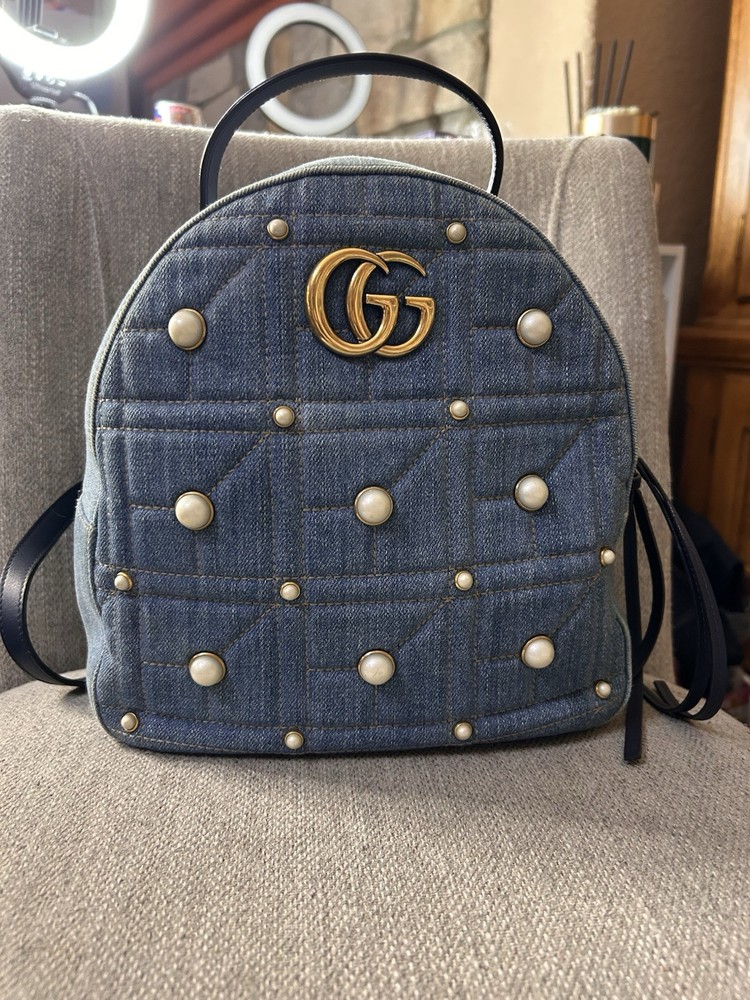 Gucci Denim Blue Quilted Backpack Pearl Studded GG Logo Women's Bag w/ Dust Bag