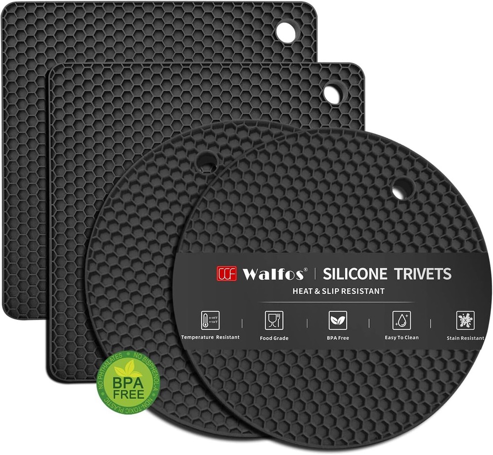 Walfos Silicone Trivet Mats - 4 Heat Resistant Pot Holders, Black