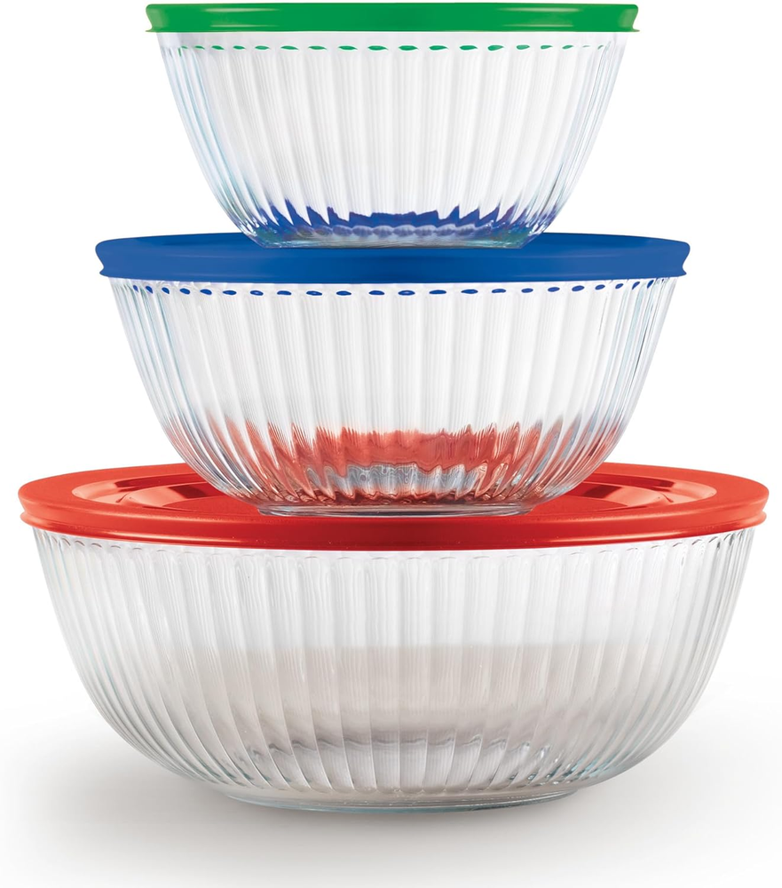 Sculpted 3-Piece Glass Mixing Bowl Set with BPA-Free Lids (1.3, 2.3, 4.5 QT)