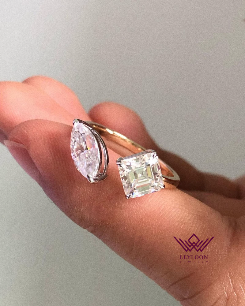 Two Stone Marquise & Asscher Cut D Colorless Basket VVS Moissanite 14K Ring