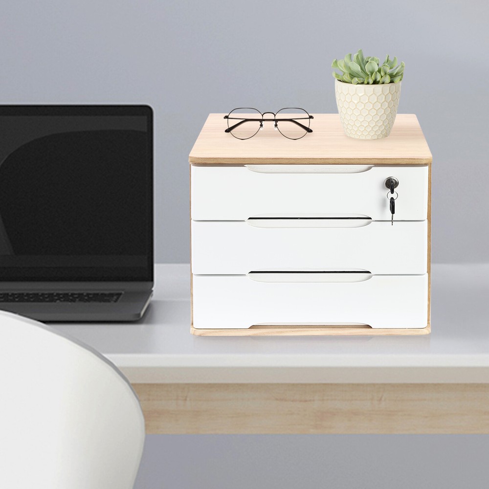 3-Tier Wooden Desk Organizer with Lockable Drawers for Neat Storage