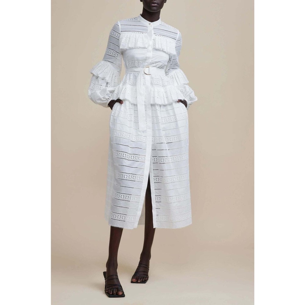 ACLER VALENTINE BRODERIE COTTON LING SLEEVE MIDI DRESS IVORY AU 6 / US 2
