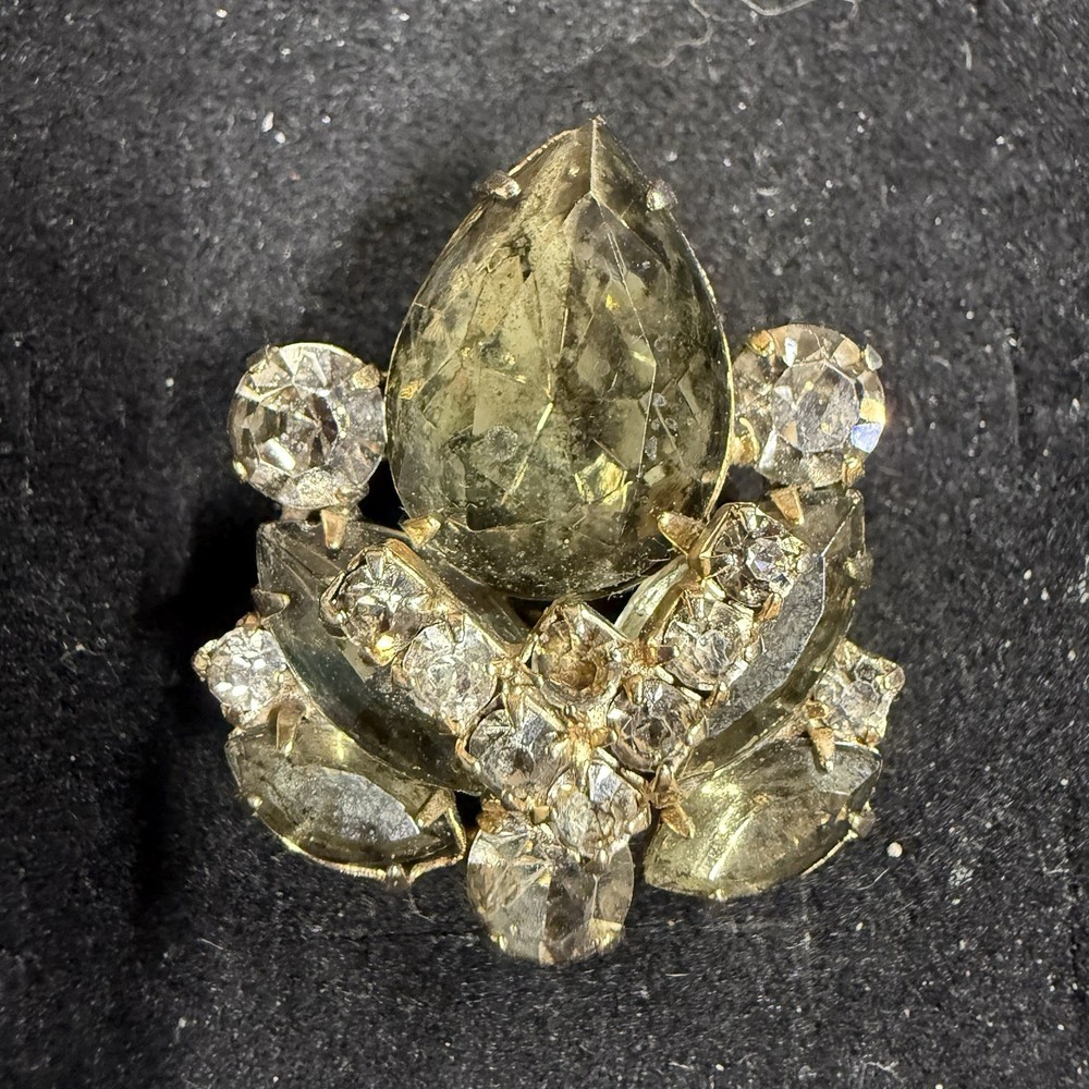 Vintage Rhinestone Brooch Clear Stones Gold Tone Layered Cluster Pin