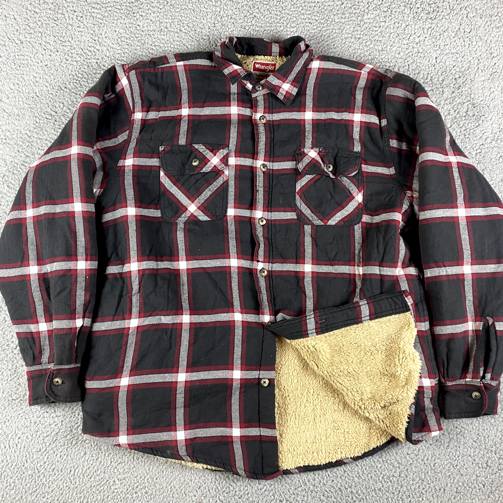 Wrangler Shacket Mens Large Black Windowpane Flannel Sherpa Lined Shirt Jacket