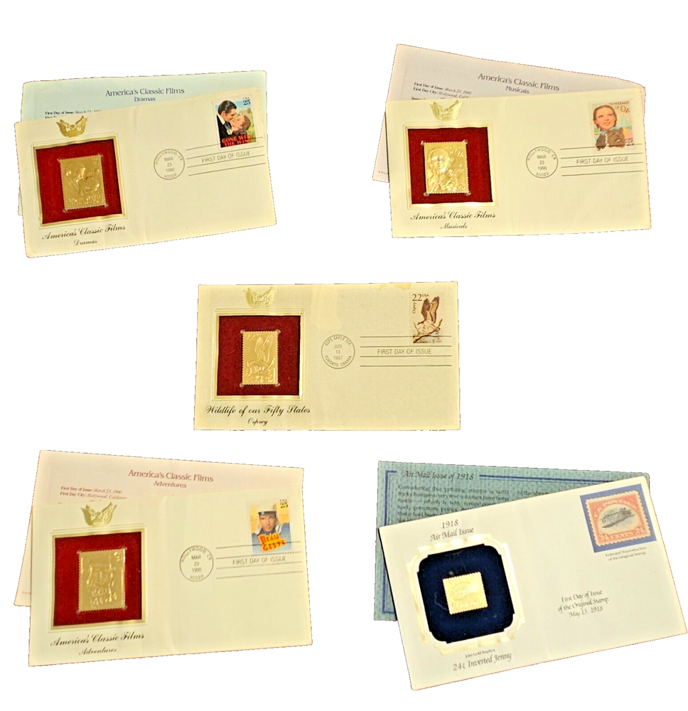 Lot Of 5 U.S. STAMP COLLECTIBLES w/Gold Foil Replicas First Day Covers Info card