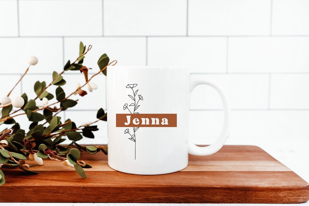 Minimalist Personalized Name Coffee Mug Gift Custom Text Mug With Flower Design