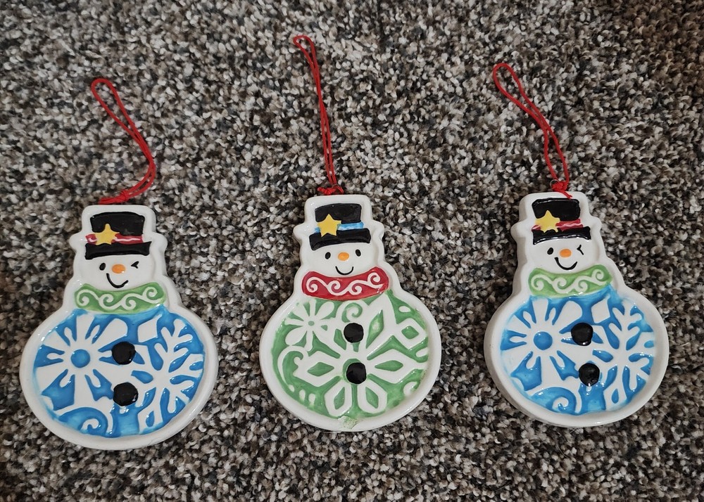 Vintage Ceramic Christmas Tree Snowman Ornament Set of 3