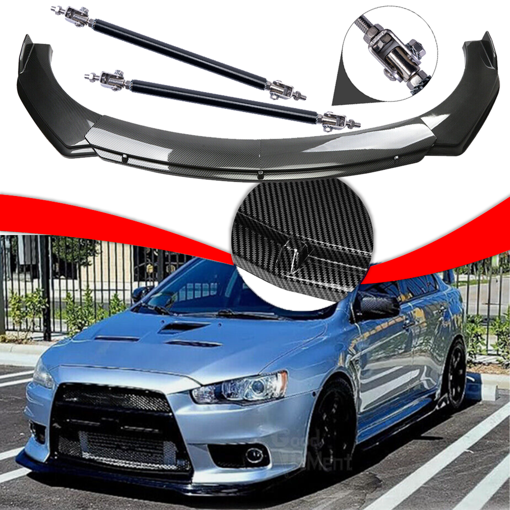 For Mitsubishi Lancer Carbon Fiber Style Front Bumper Lip Spoiler /Strut /Rods