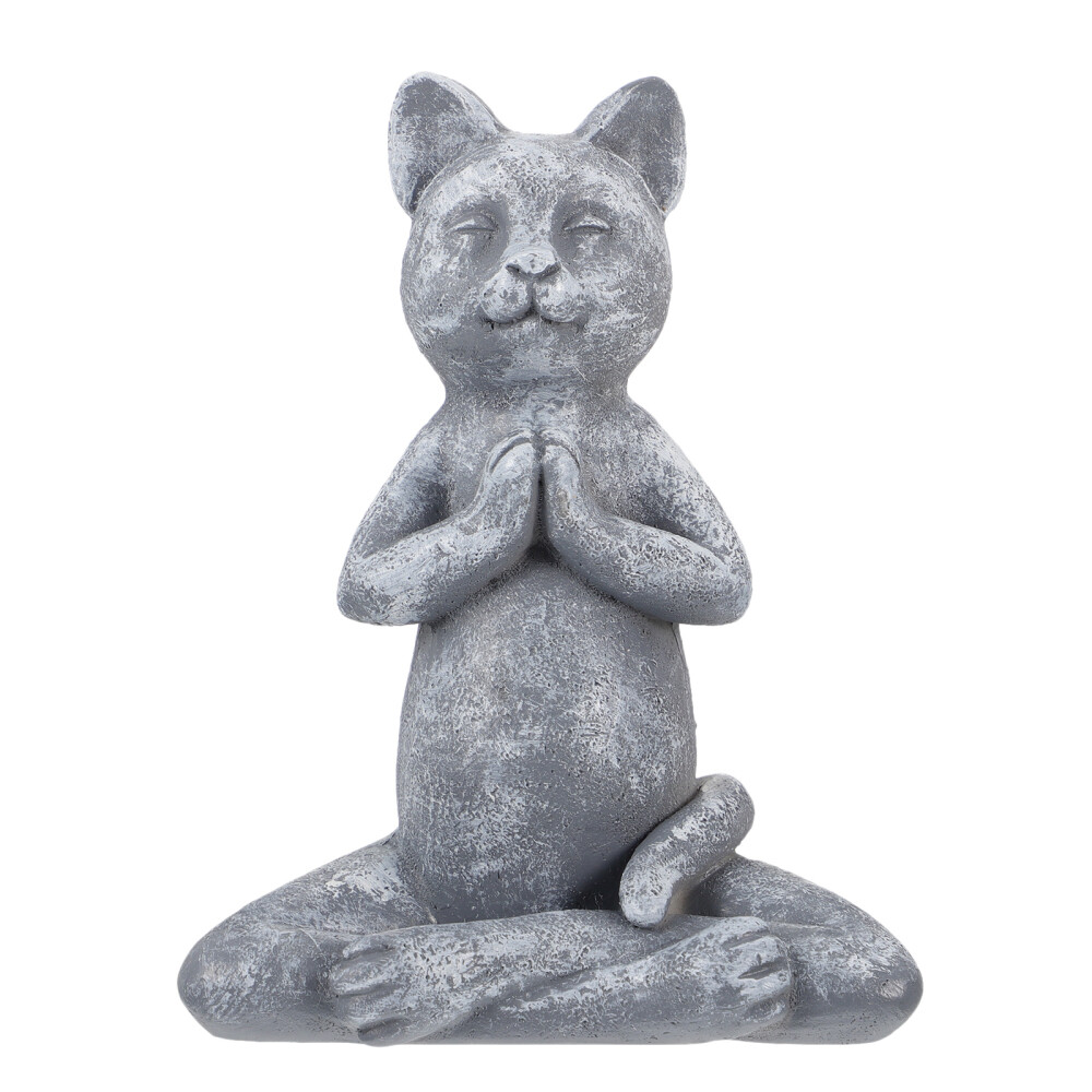 Black Cat Praying Statue with Plants Outdoor Peaceful Ornament Figurine