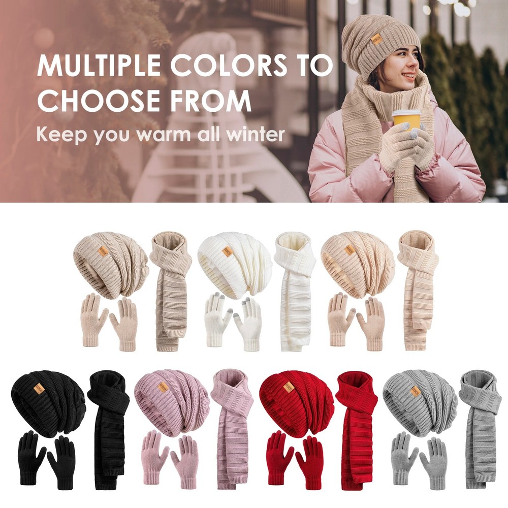 Women’s Winter Knit Hat Scarf Gloves Set Thick Warm Lined 3-Piece Fashion
