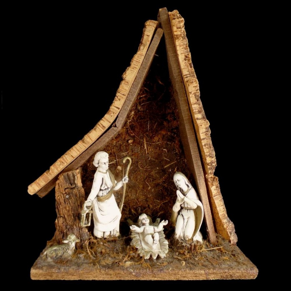 CHRISTMAS NATIVITY SET / WOODEN CRECHE / FAUX IVORY-LIKE FIGURES / MADE in ITALY