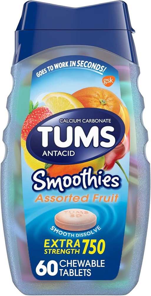 TUMS Smoothies Extra Strength Antacid Chewable Tablets for Heartburn Relief, Ass