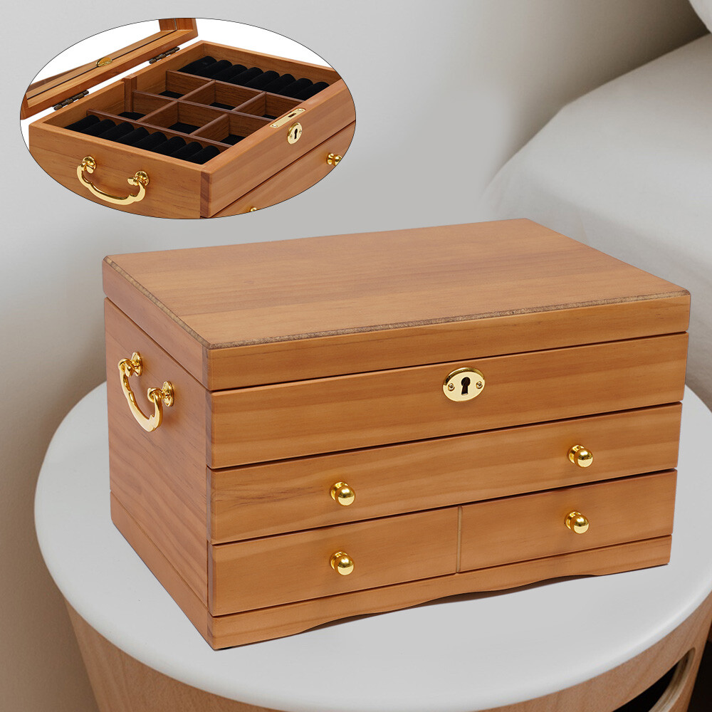 Vintage wooden 3-layer large capacity wooden box with safety lock beads、