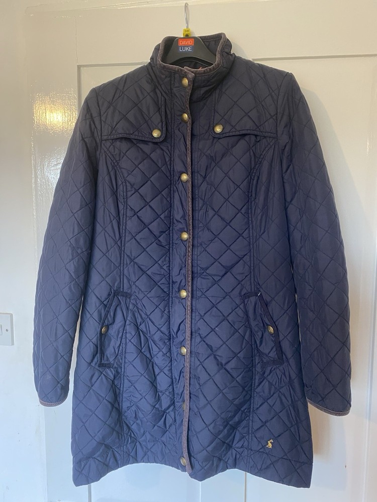 Joules Ladies Jacket Fairhurst Quilted Long Navy Blue  Corduroy Trim Size 10
