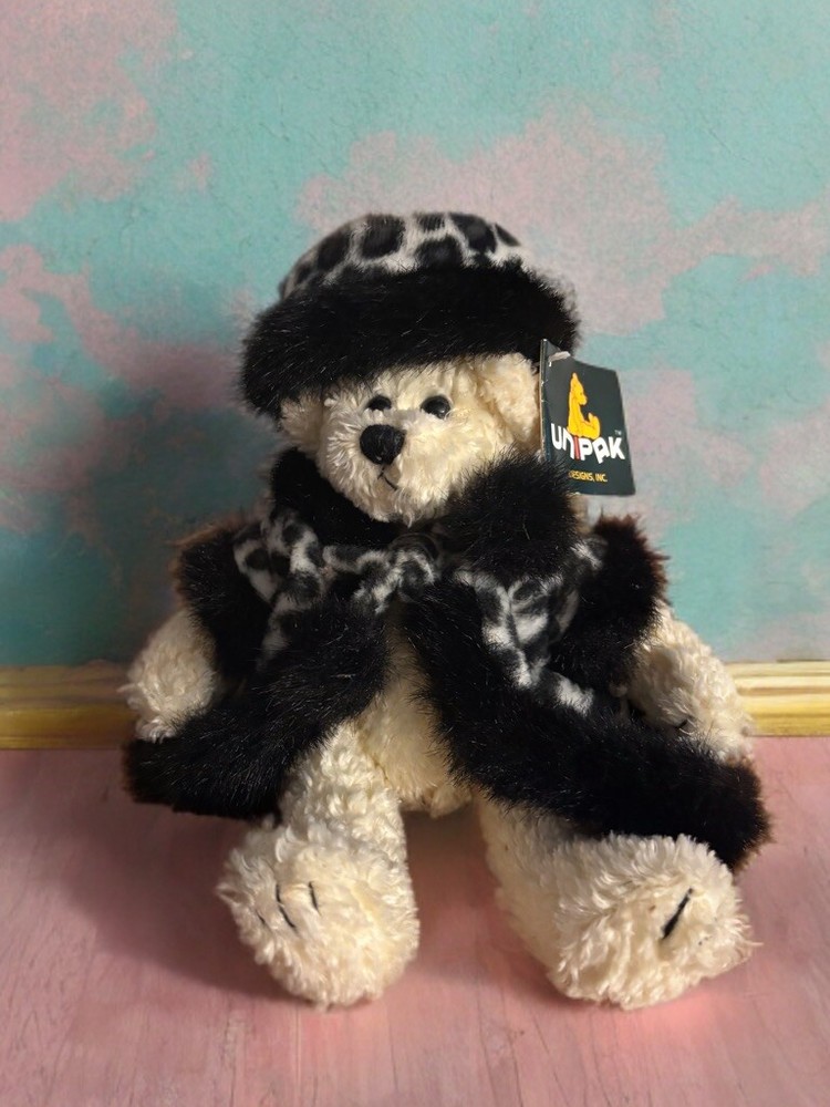 Unipack Beige Teddy Bear Plush Stuffed Toy with Leopard Coat Hat and Tag