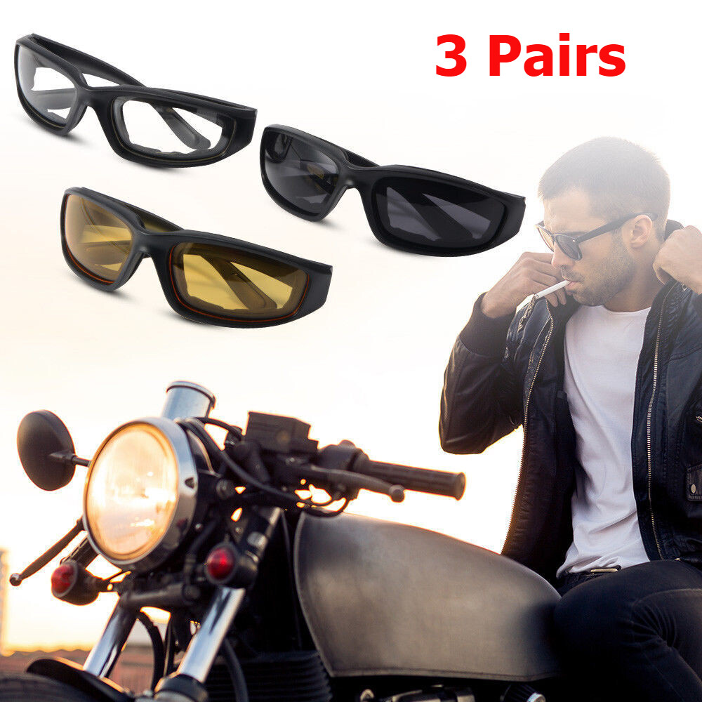 3 Pair Padded Foam Wind Resistant Sunglasses Motorcycle Riding Glasses UV400