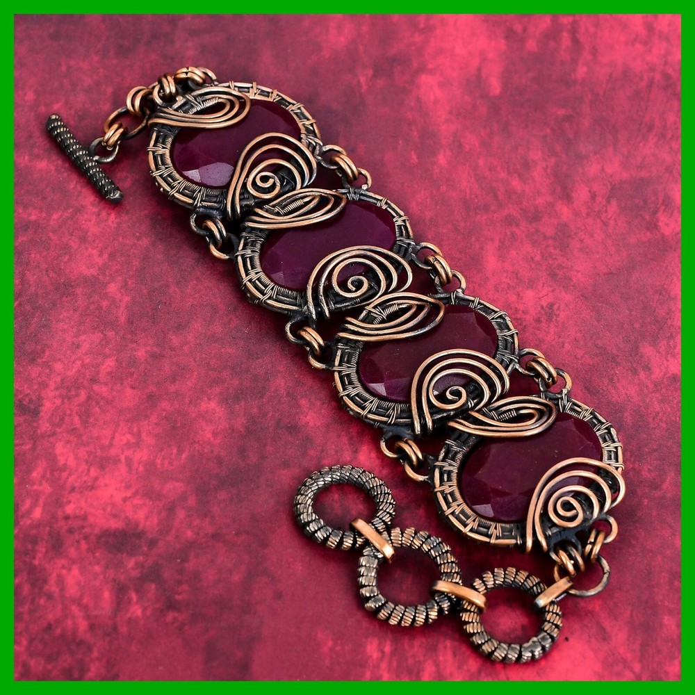 Kashmir Rubi Stone Copper Chain Wire Wrapped Bracelet - Mother's Day Gift for Wife-image
