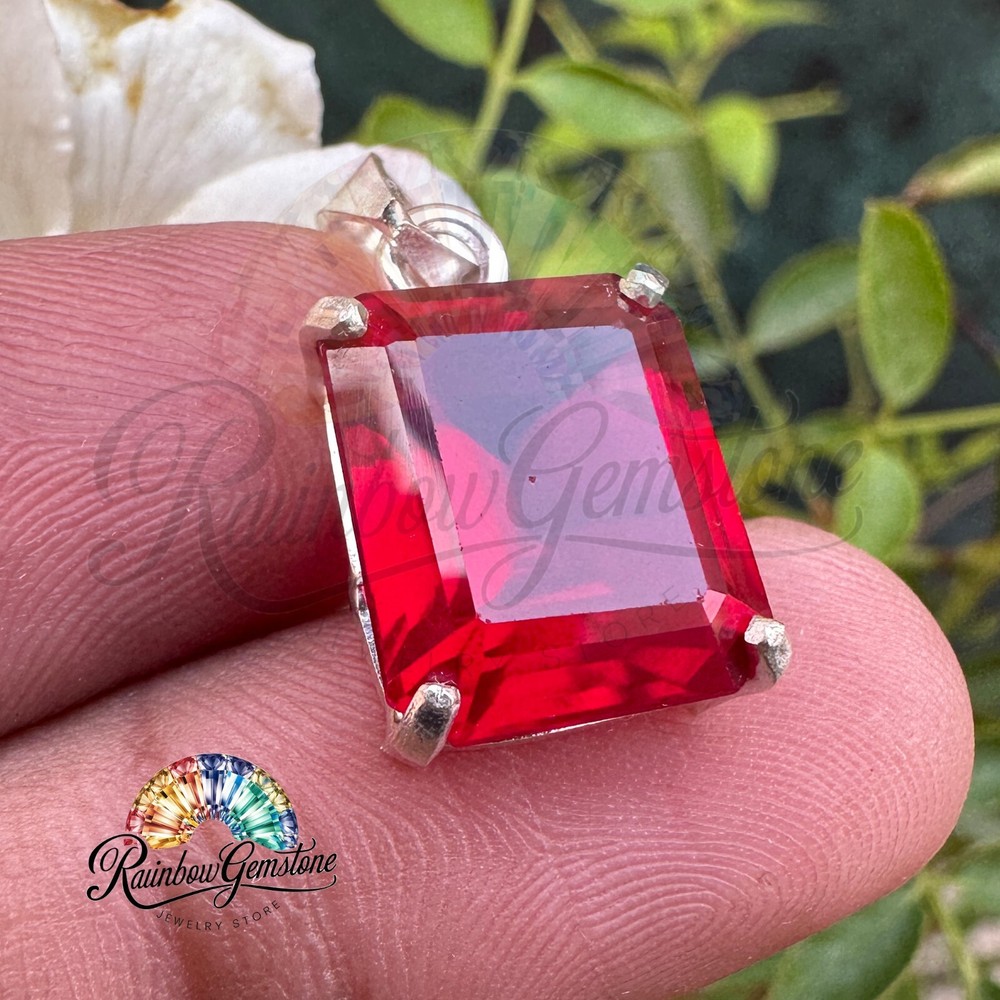 21.40 CT Natural Red Ruby Gemstone 925 Silver Pendant Emerald Shape