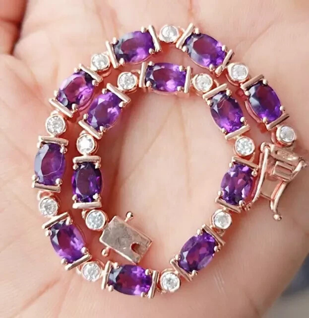 14K Rose Gold Plated Oval Lab Amethyst Tennis Bracelet 7 Inches