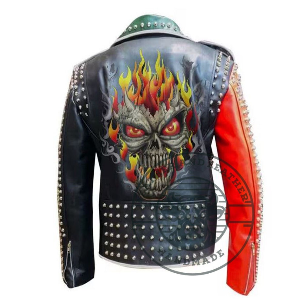 Men's Handmade Studded Wear Genuine Leather Jacket, Burning Skull Punk Fashion