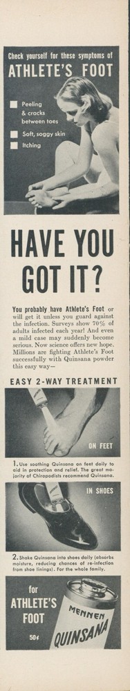 1945 Quinsana Athletes Foot 2 Way Treatment Feet Shoes Vintage Print Ad L25