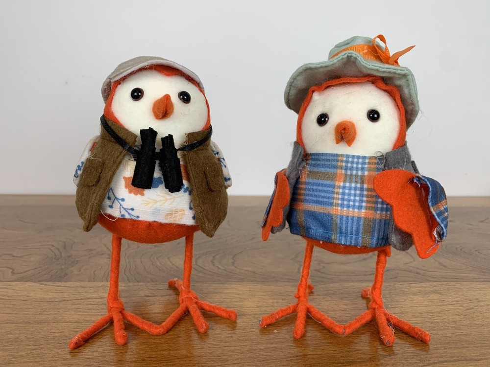 Felt Bird Figurine Set Of 2 Binoculars Bird Watching Plaid Clothing Whimsical