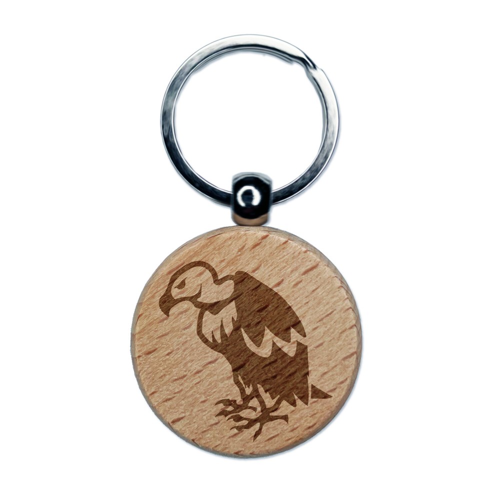 Condor Vulture Bird Engraved Wood Round Keychain Tag Charm