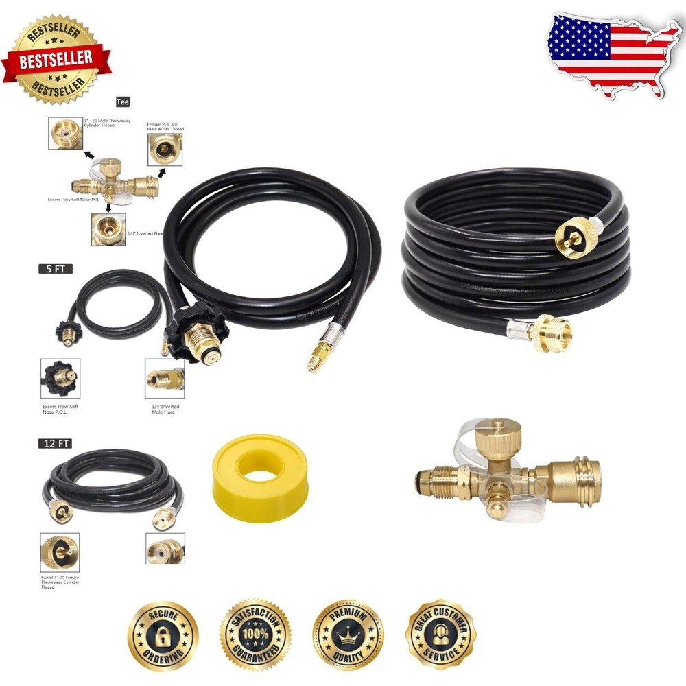 Extend A Stay RV Propane Kit - 4-Port Brass Tee Adapter with 12FT & 5FT Hoses