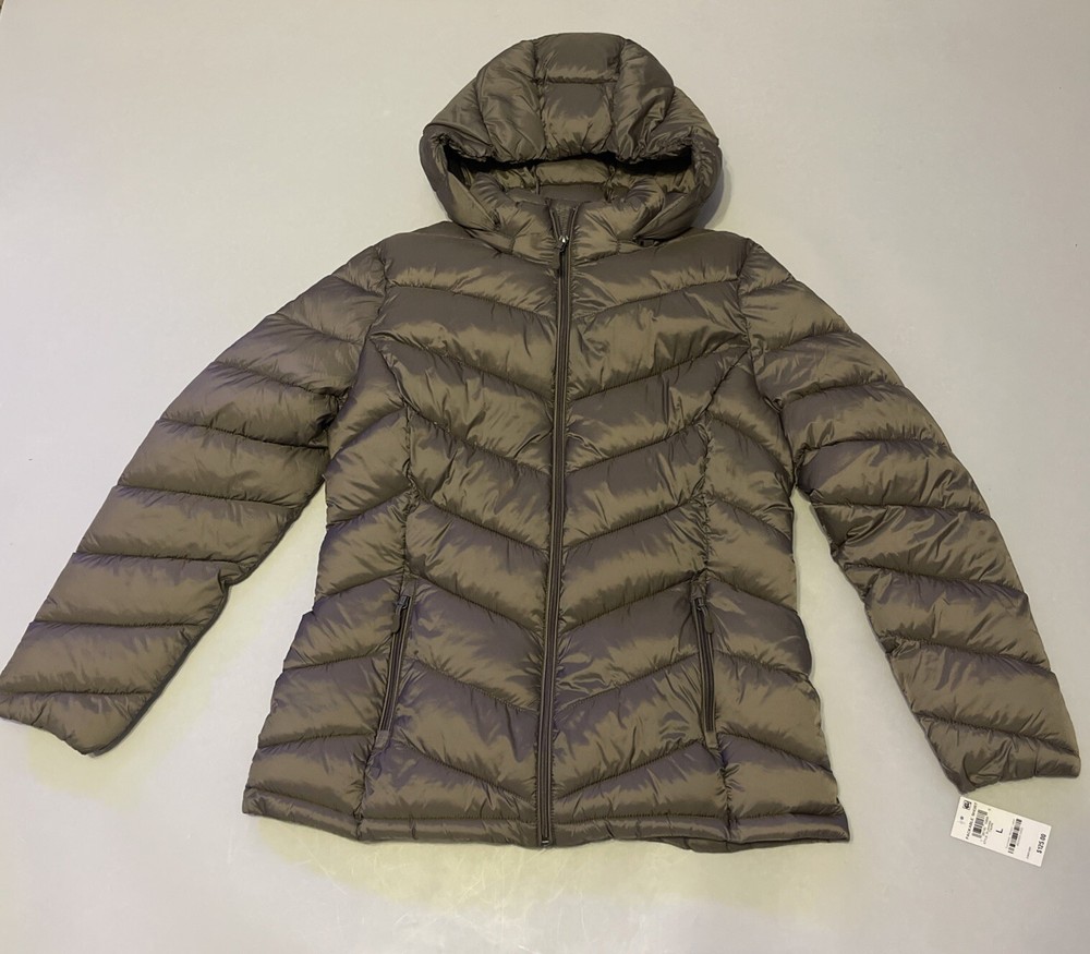 New with Tags Charter Club Packable Full Zip Hooded Puffer Coat Taupe Size L