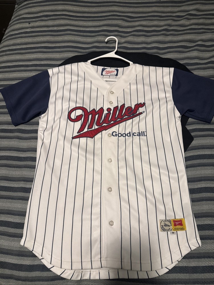 Miller Beer Baseball Jersey #04 Pinstripe Button Up Men's Sz M High Life White