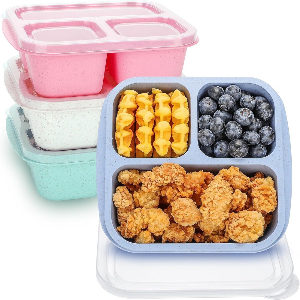 Colorful 4-Piece Kids Bento Box Set with 3 Compartments, Stackable & Lidded
