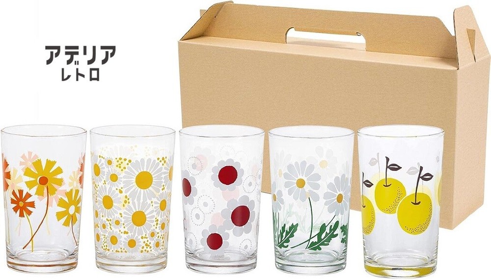 Aderia Retro Glasses Tumbler 200ml 5 pattern Assorted Set With Box M New Japan