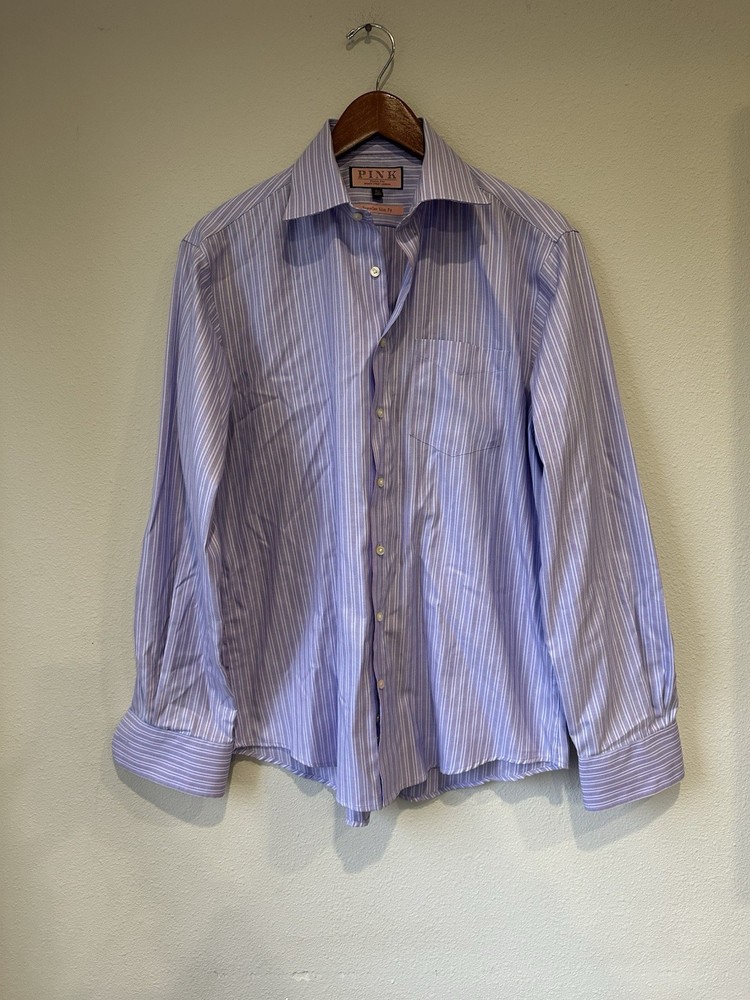 Thomas Pink Button Up - 15.5 39 Striped Dress Shirt Blue And Pink 100% Cotton