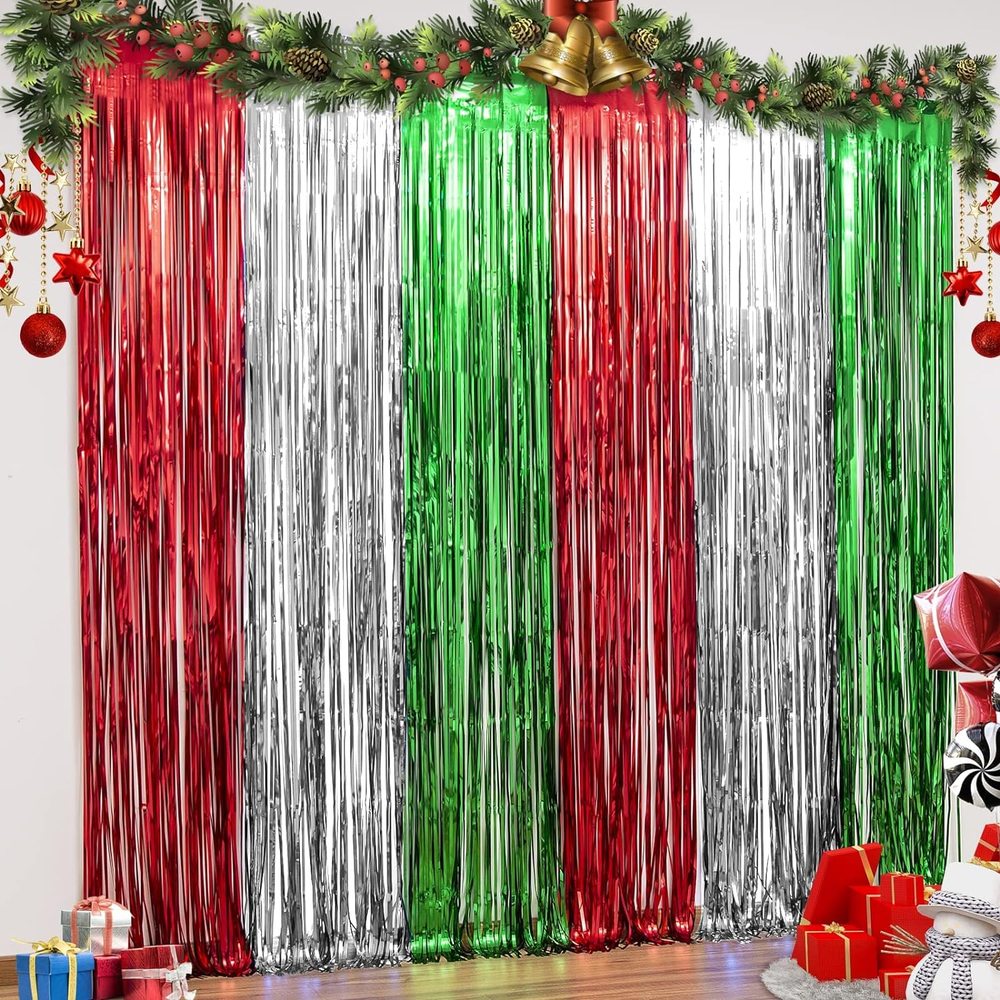 3 Pack Christmas Foil Fringe Curtains Christmas Party Decoration 3.3 X 6.6 Ft Re